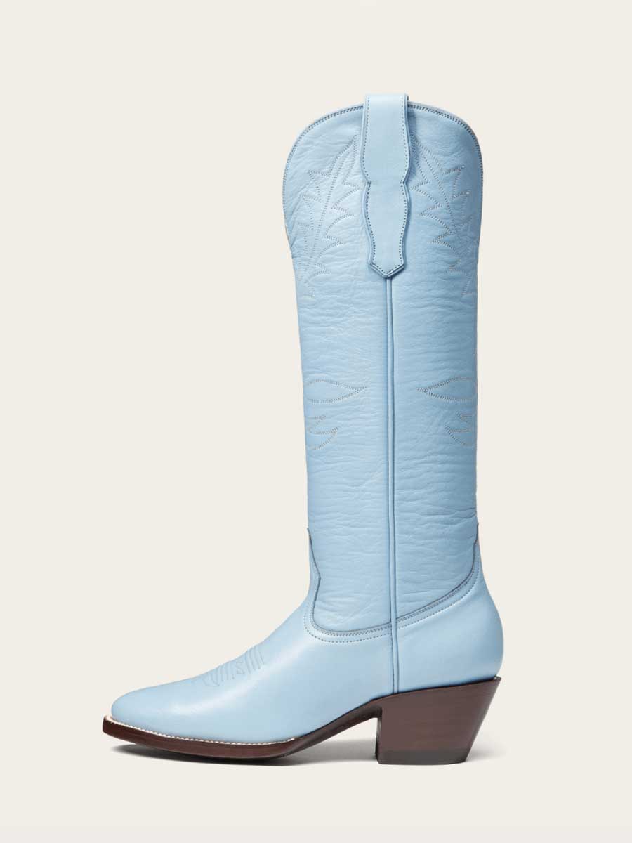 Vegan Leather Sophisticated Embroidered Blue Wide Calf Knee High Cowgirl Boots