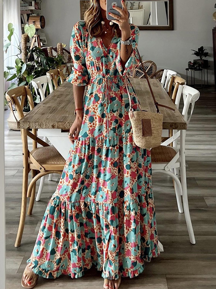Paisley Print V Neck Lace Up Maxi Dress