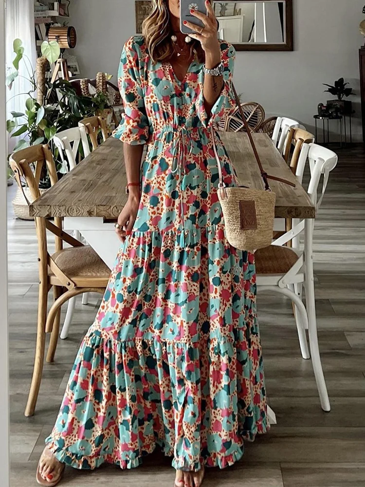 Paisley Print V Neck Lace Up Maxi Dress