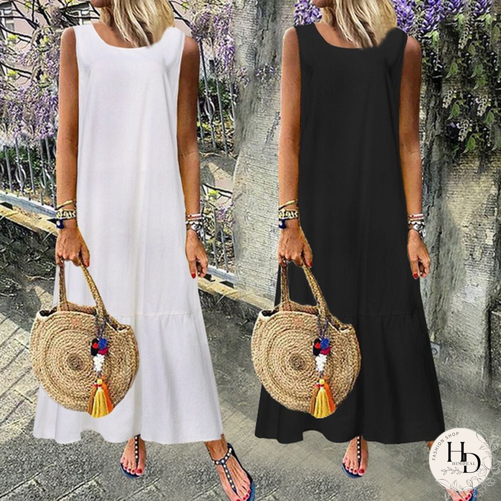Sumemr Beach Holiday Sundress Women Sleeveless Ruffles Hem Long Dress Cotton Linen Casual Loose Pleated Kaftan Dress Plus Size