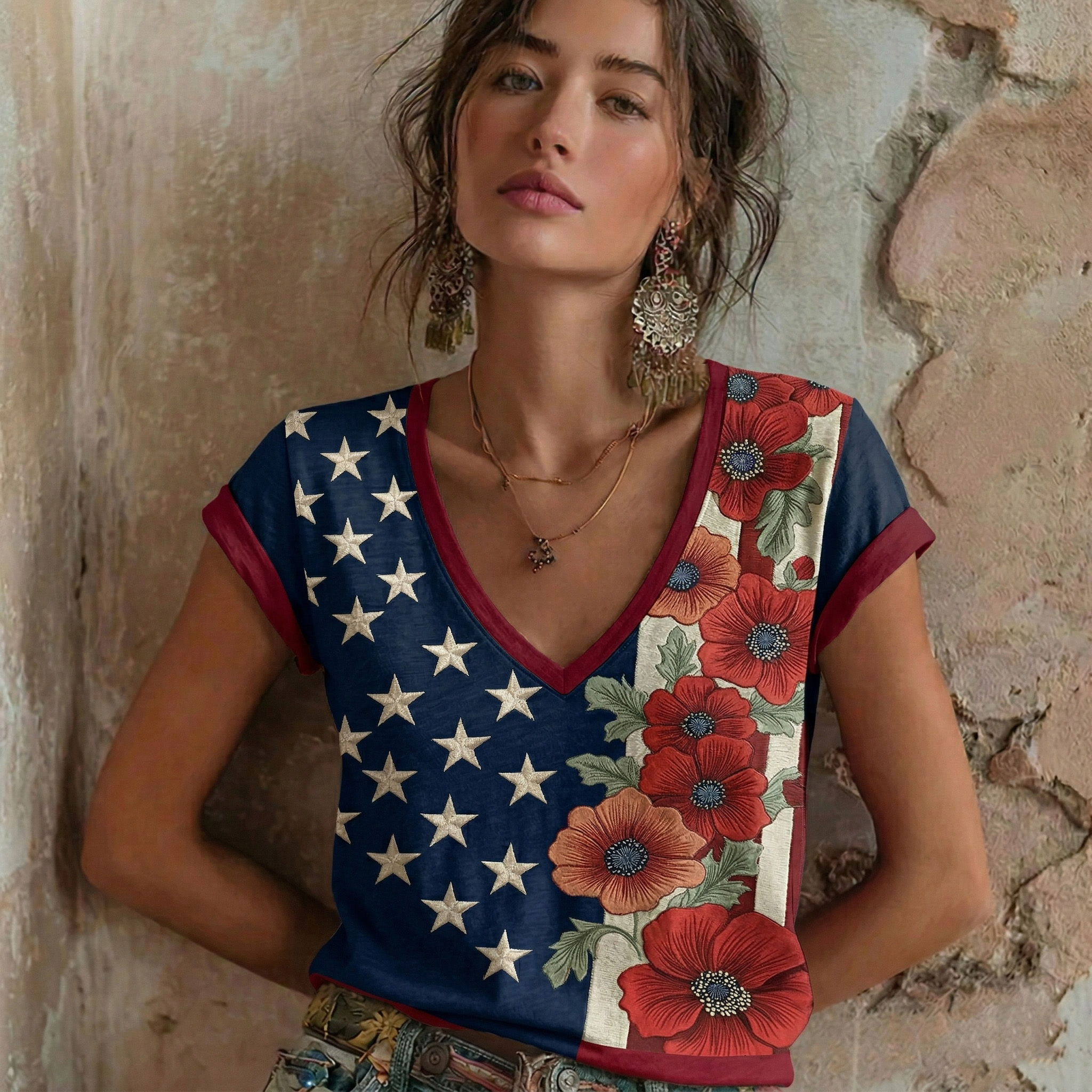 Comstylish Women's Vintage Independence Day Flag Flower Art Pattern V-neck Short Sleeve T-shirt