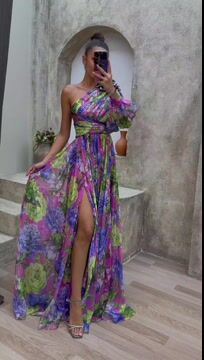 Purple Elegant Floral Slit Evening Dress 