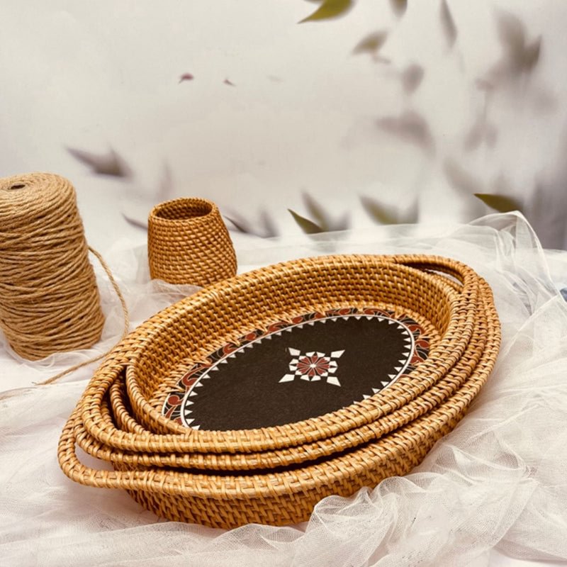 3PCS Handmade Rattan Fruit Basket Woven Storage Tray For Living Room