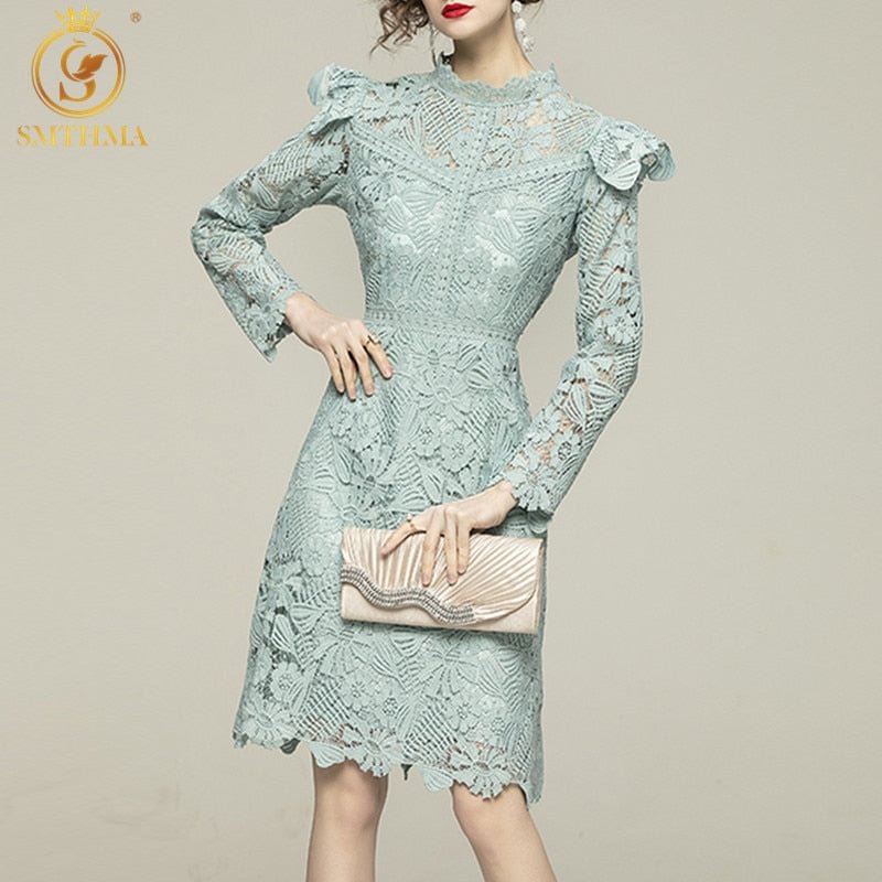 SMTHMA New Spring Luxury Women Stand Collar Ruffle Lace Dresses Sexy Hollow Out Long Sleeve Vintage Vestido Da Festa