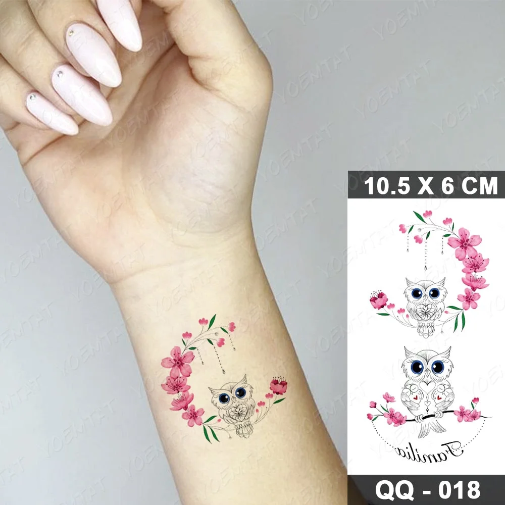 Waterproof Temporary Tattoo Sticker Owl Pink Flowers Flash Tatoo Swallow Butterfly Bird Hand Wrist Fake Tatto For Body Art Women