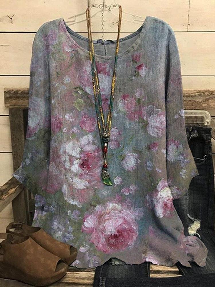 Casual Loose Round Neck Floral Print Long-sleeved T-shirt