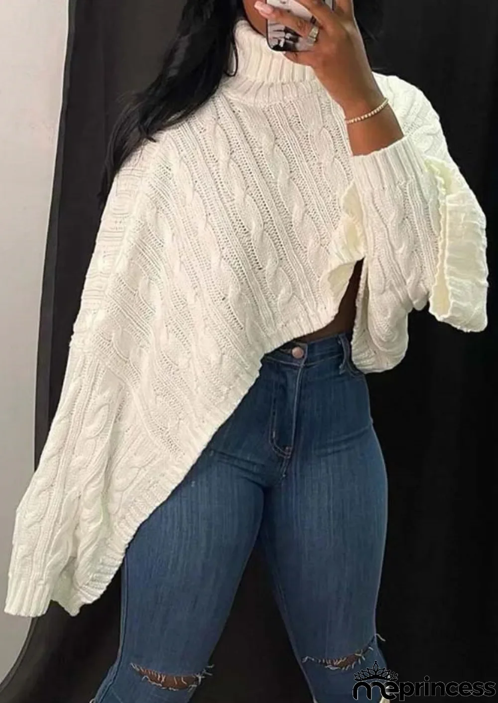 Winter Casual White Turtleneck Neck Crop Oversize Sweater