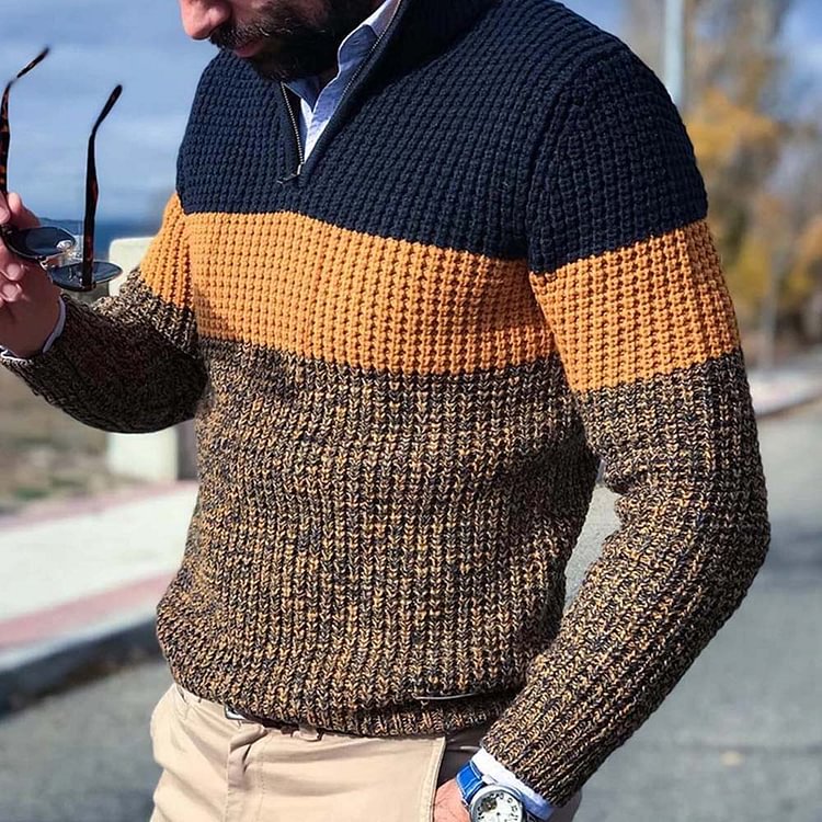 Standard Color Block Patchwork Stand Collar Slim Men's Sweater