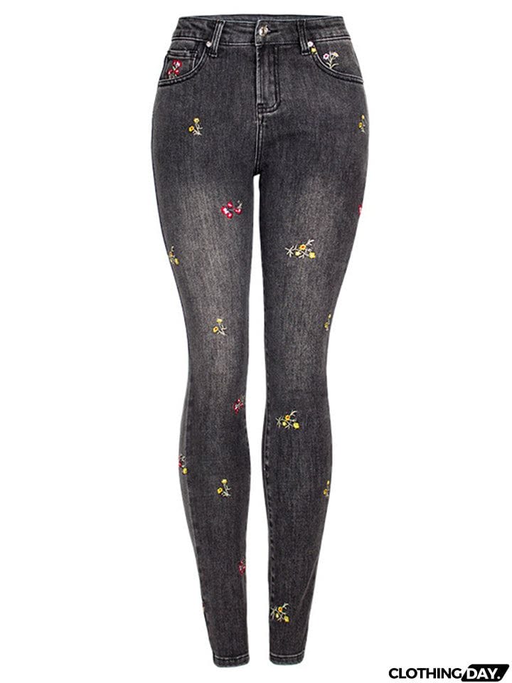 Lovely Small Floral Embroidery Slim Fit Black Denim Jeans for Women
