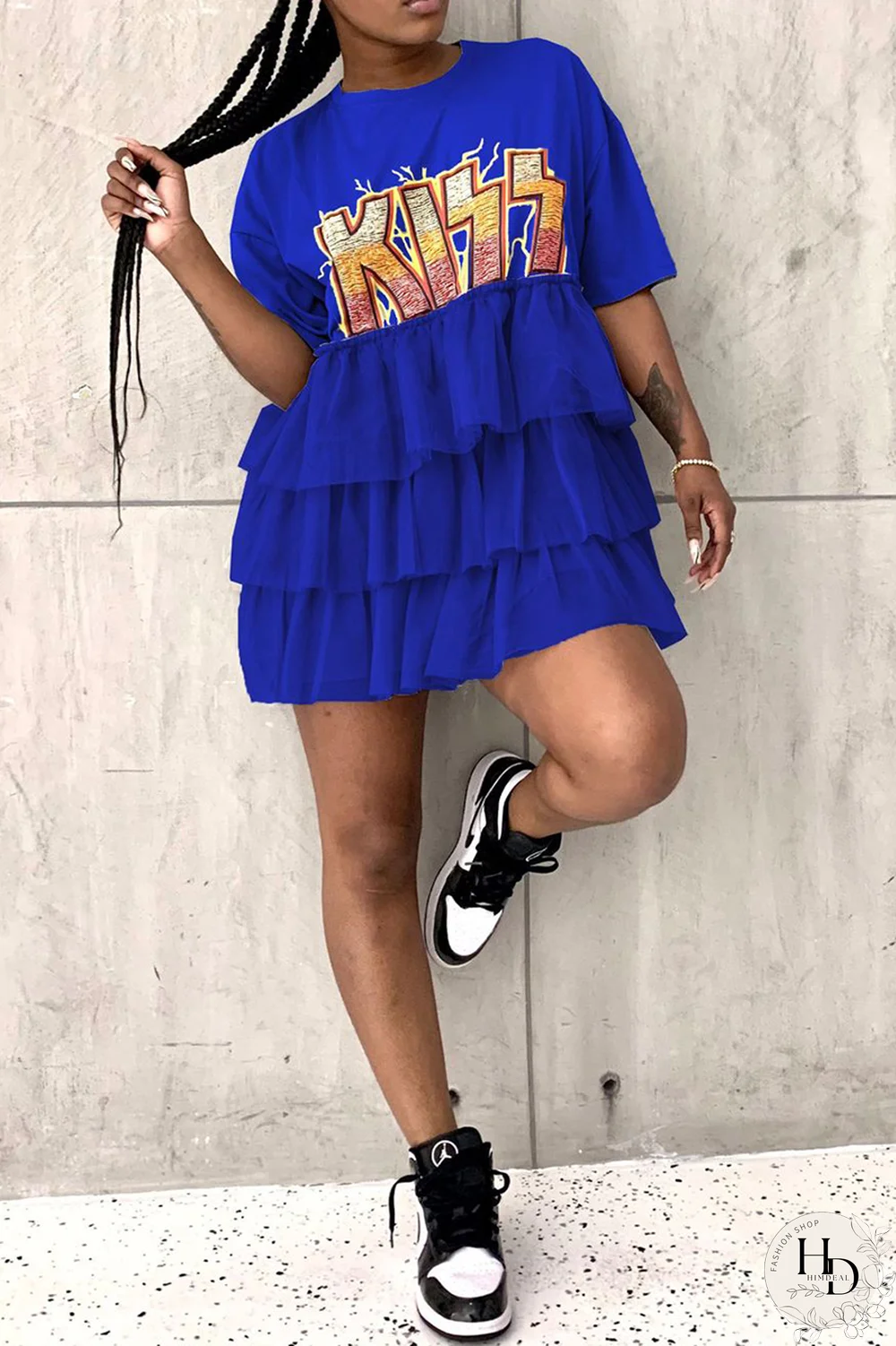 Blue Casual Print Letter O Neck Cake Skirt Dresses