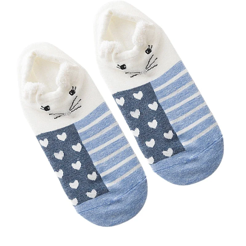 1 Pair Women Socks Cartoon Kawaii Cute Japanese Slippers Korean Style 3D Ear Boat Short Sock Cotton Cat Animal Female Sox