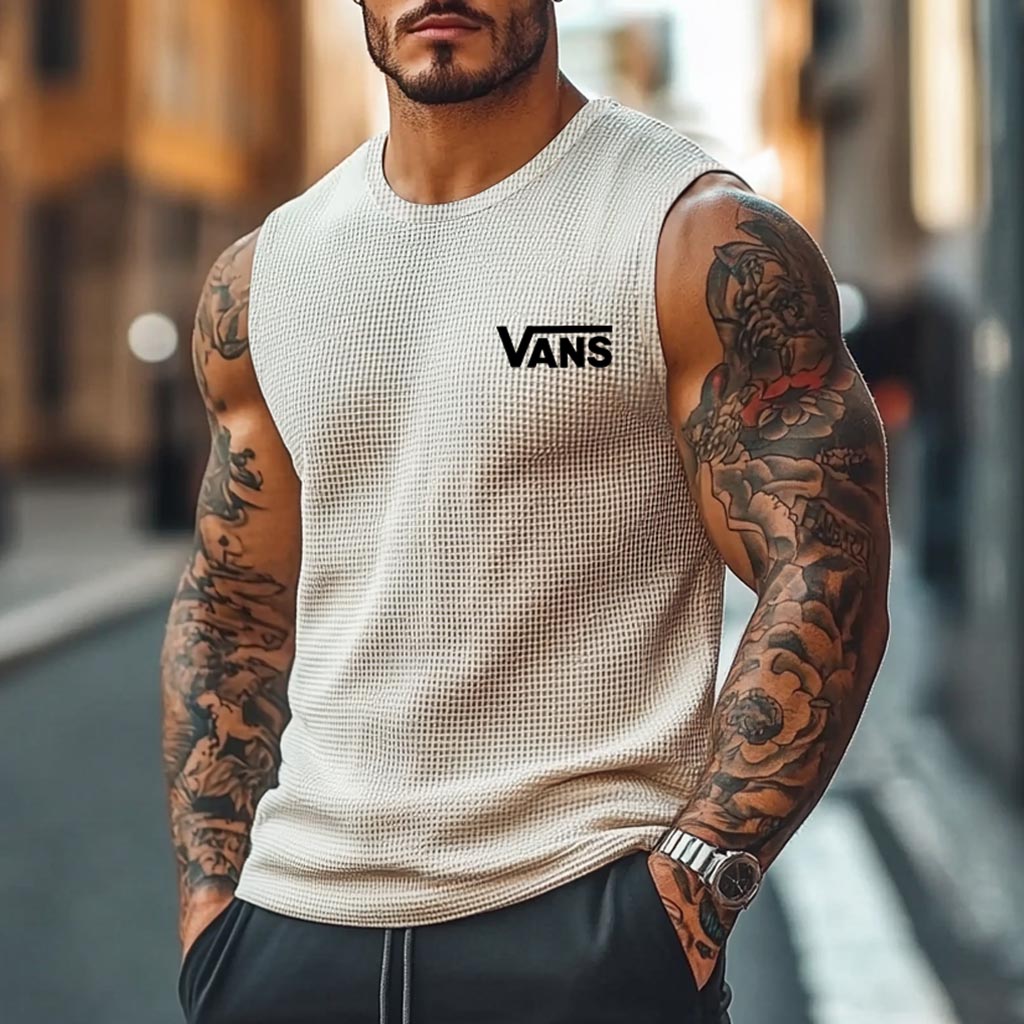 Men's Vintage Beige Waffle Knit Surf Sleeveless Crew Neck Tank Top