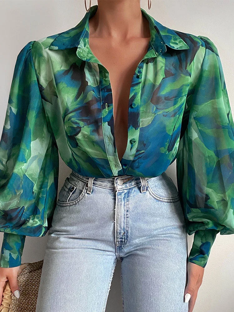 Women's Floral Print Puff Sleeve Shirt Female Elegant Casual V Neck Shirts 2022 Spring Summer Fashion Office Ladies Tops Blouses