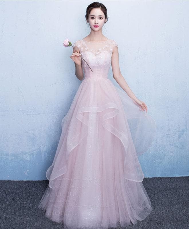 Pink Round Neck Tulle Long Prom Dress, Pink Evening Dress