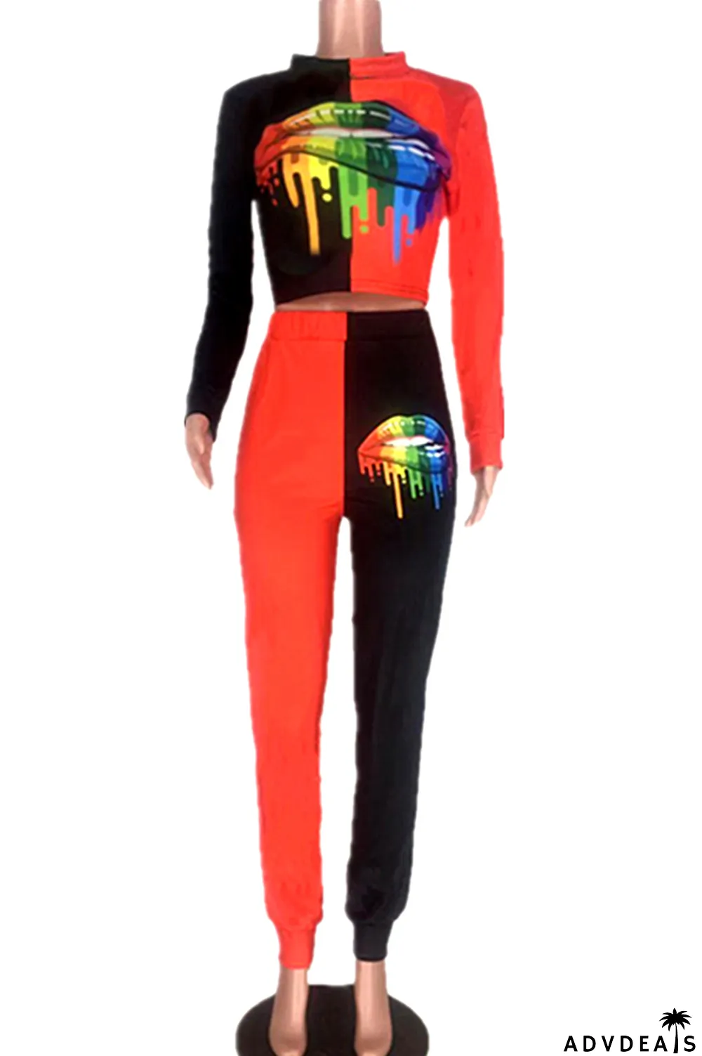 Red Celebrities Two Piece Suits Print Straight Long Sleeve Two-piece Pants Set