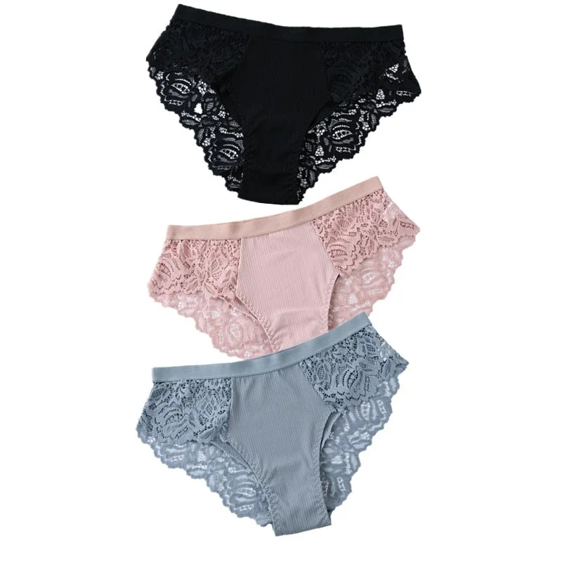 3PCS Soft Cotton Women Underwear Panties Solid Comfort Underpants Seamless Lace Briefs For Woman Sexy Low-Rise Panty Intimates