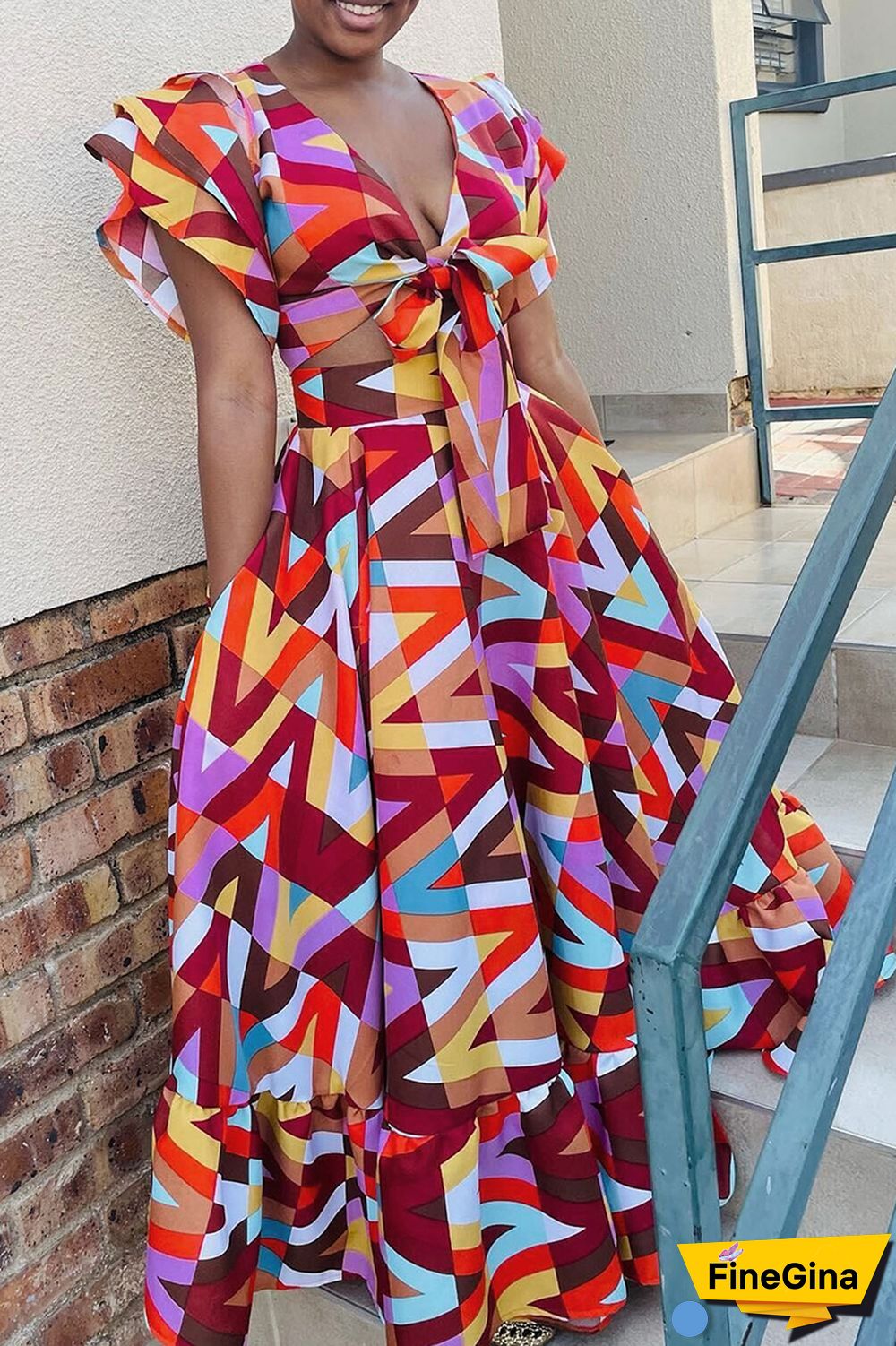 Colour Casual Daily Color Lump Printing Contrast Two Pieces