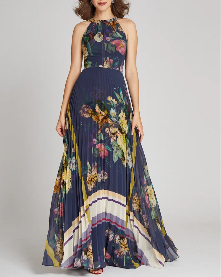 Women's Halter Neck Chiffon Flower Print Pleated Dress