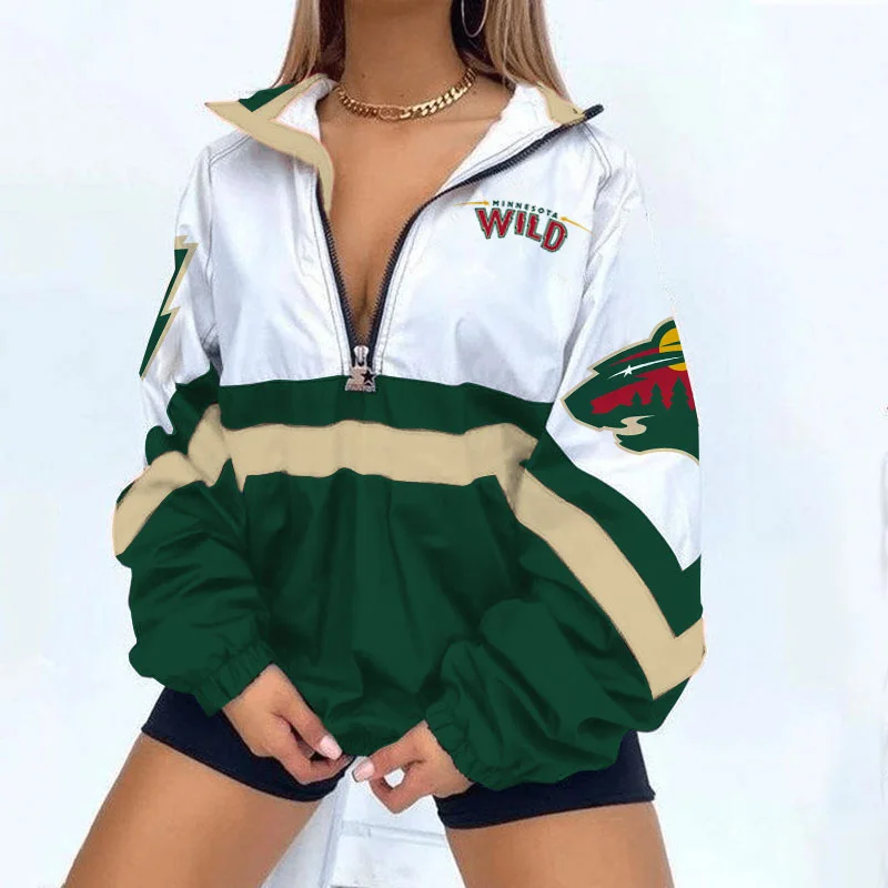 Women's Support Minnesota Wild Hockey Print V Neck Zipper Sweatshirt Jacket