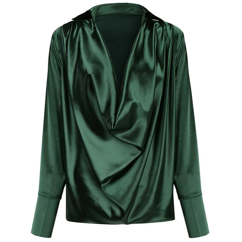 Women Spring Long Sleeve Loose Shirt Blouse Casual V Neck Pullover Tops Female Elegant Green Office Ladies Shirt Tops