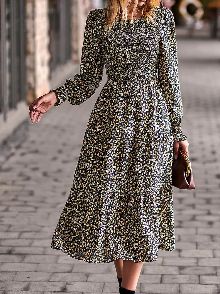 Women Long Sleeve Floral Printed Scoop Neck Dress