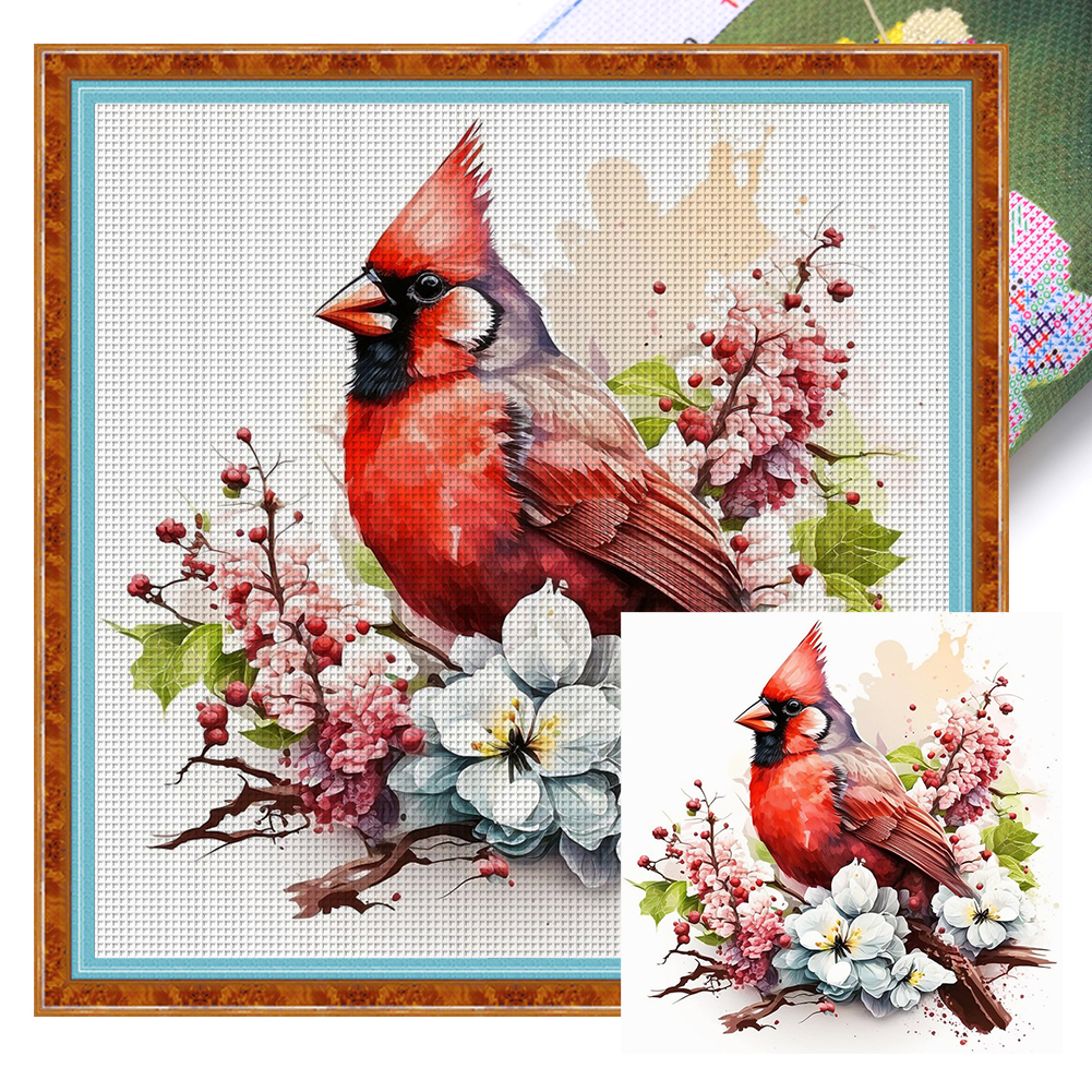 Flowers And Cardinals Full 18CT Pre-stamped Canvas(20*20cm) Cross Stitch