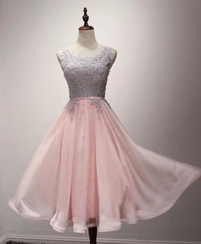 Pink Tulle Lace A Line Tea Length Prom Dress, Pink Evening Dress