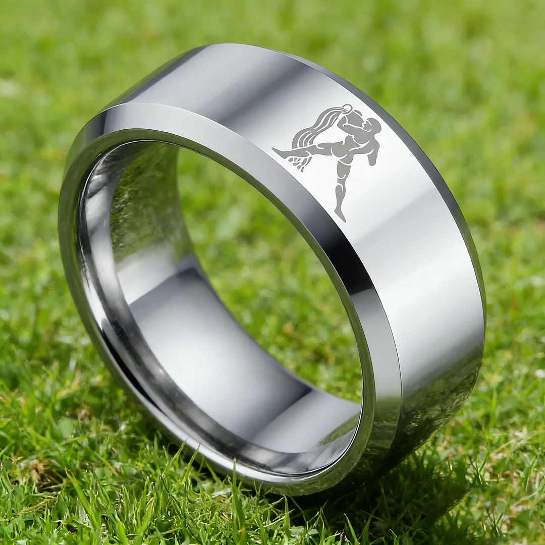 Sliver Aquarius Couple Wedding Bands Beveled Edges Sliver Laser Etched Tungsten Carbide Rings 4MM 6MM 8MM