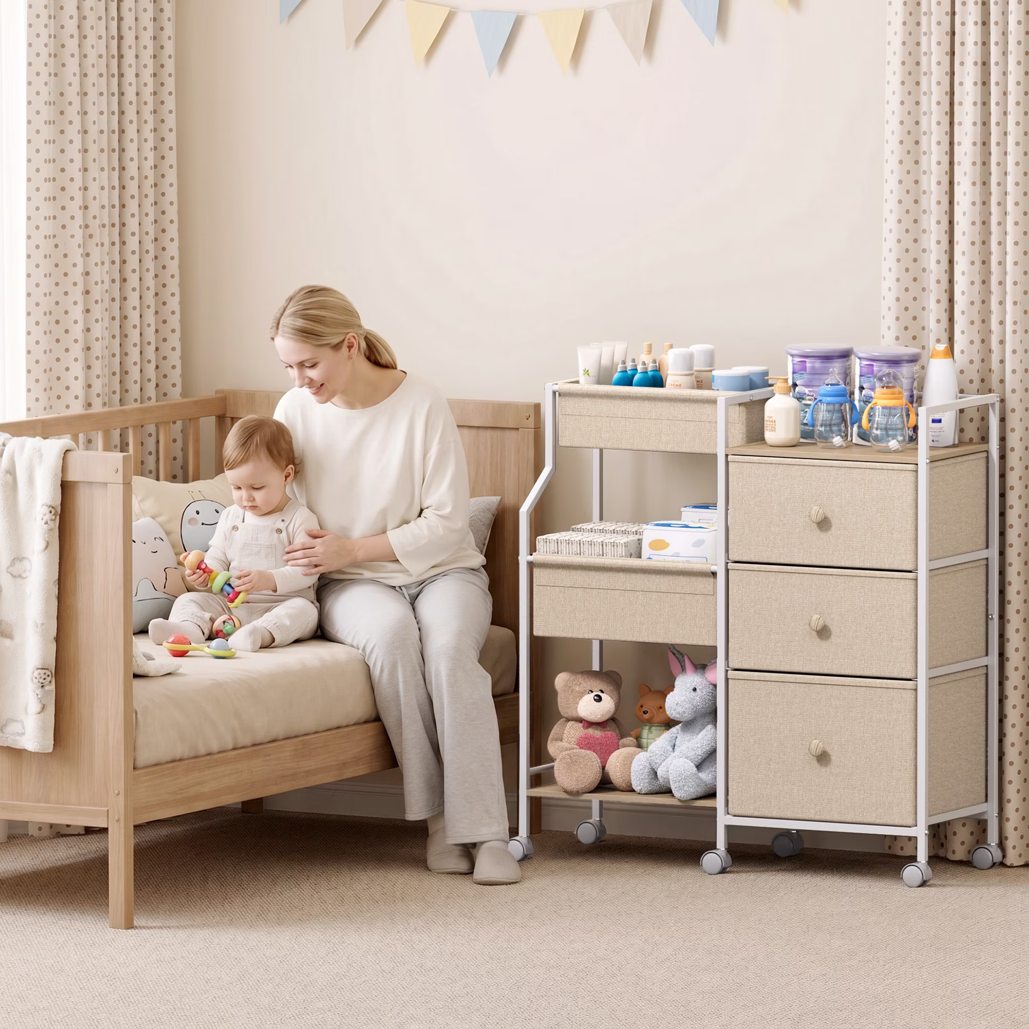 Baby Diaper Organizer and Storage Cart - 3 Tiers with Dividers and Drawers for Nursery, Bedroom, Changing Table and Crib