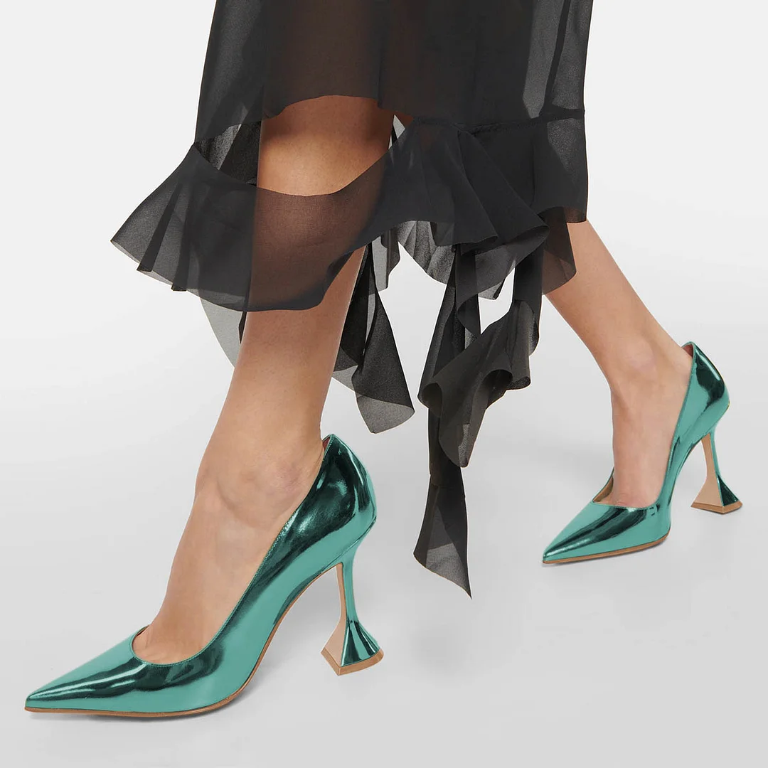 Turquoise Metallic Finish Pointed Toe Flared Heel Pumps for Women