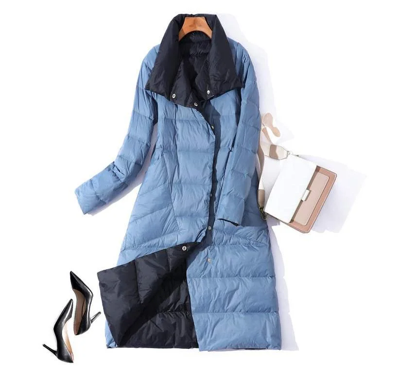 FTLZZ New Women Double Sided Down Long Jacket Winter Turtleneck White Duck Down Coat Double Breasted Warm Parkas Snow Outwear