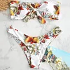 ZAFUl Knot Floral Bandeau Bikini Set Women Mid Waist Swimsuit Sexy Bandeau Swimwear Strapless 4-Color Bathing Suit Biquni