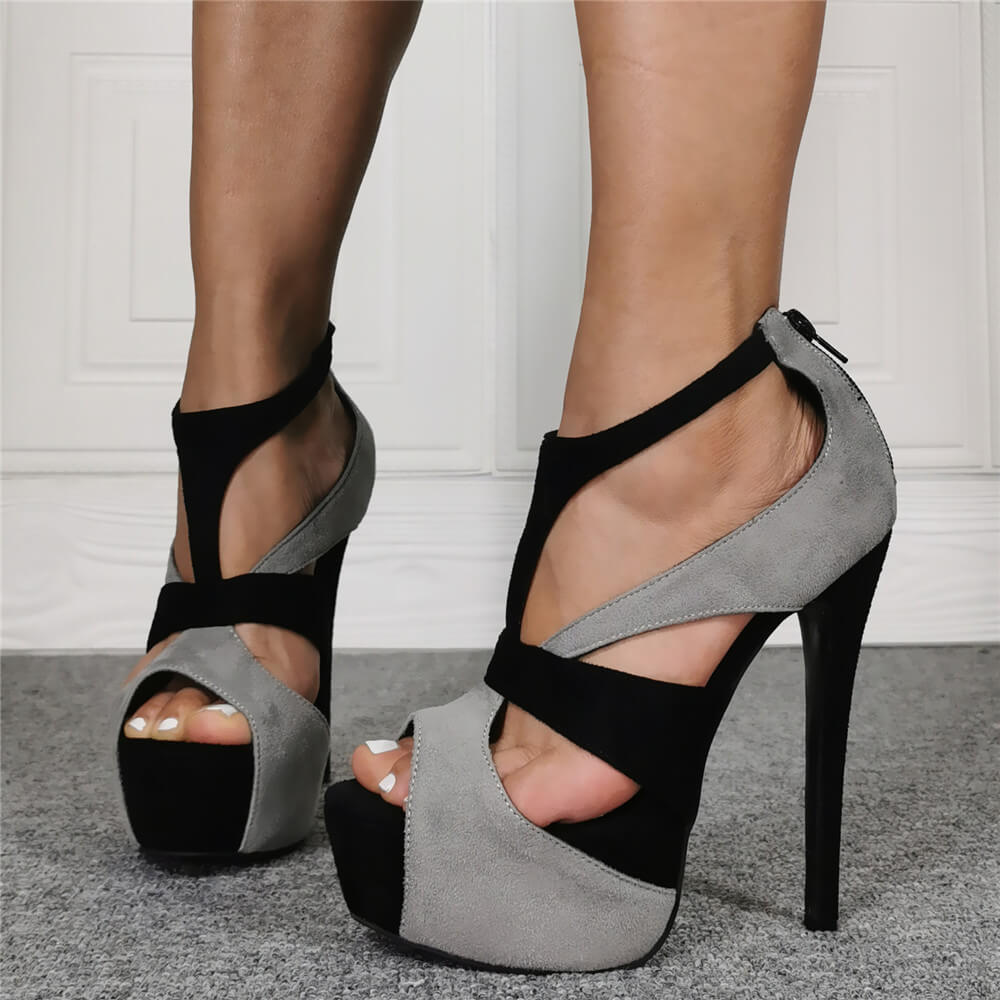 VCSHOES Suede Peep Toe Platform Cutout High Heel Sandals