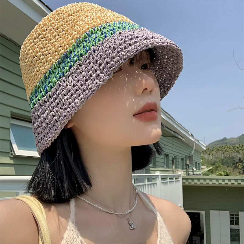 Llyge Color Matching Women's Summer Japanese Travel Bucket Straw Hat llyge