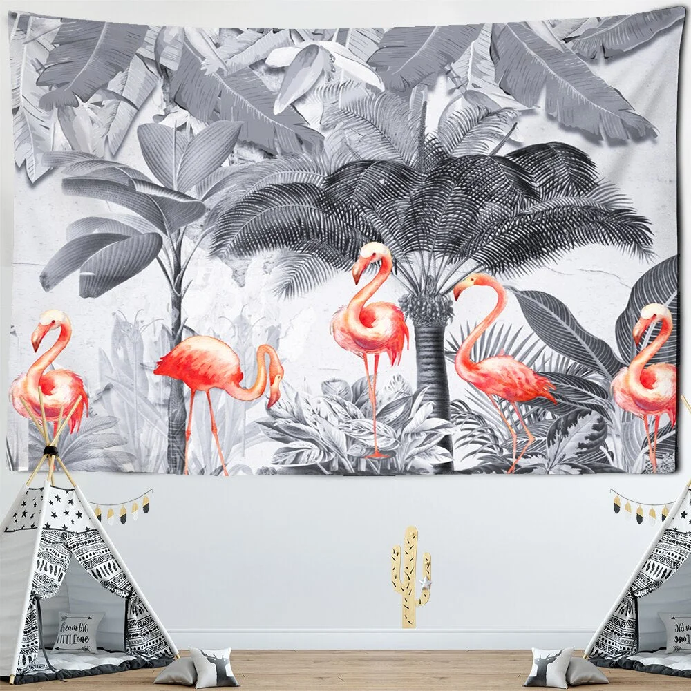 Nature Palm Tree Landscape Flamingo Tapestries Animal Leaves Tropical Tree Tapestry Wall Fabric Tablecloth Beach Wall Cloth
