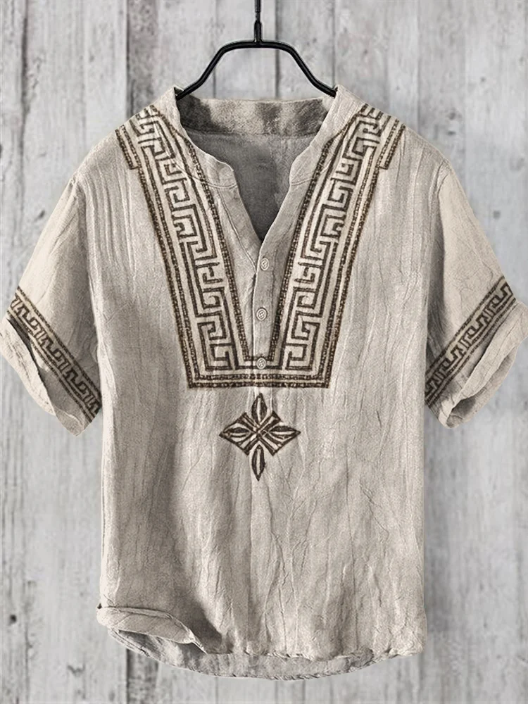 Vintage Greek Pattern Men's V-neck Linen Shirt
