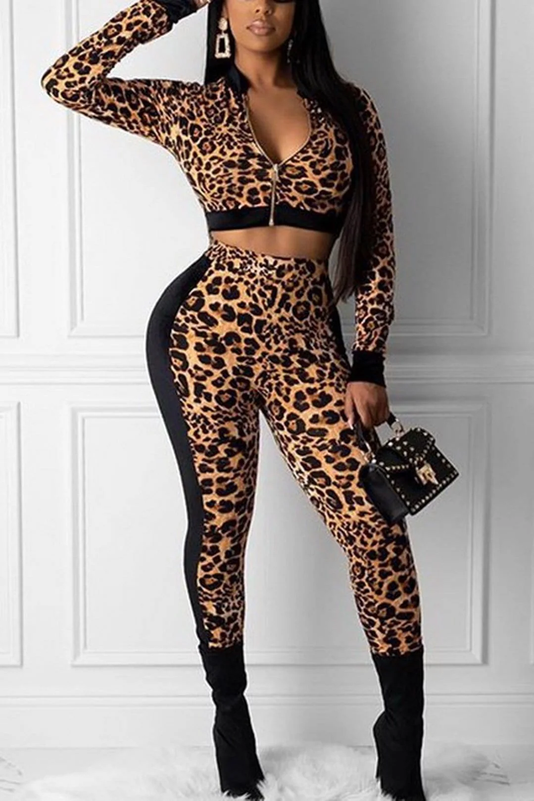 Fashion Leopard Printing Stitching Suit