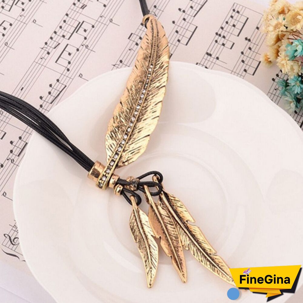 Women's Fashion Stainless Steel Feather Tree Leaf Pendant Necklace Multilayer Necklace Clavicle Chain Sweater Chain Jewelry Accessories