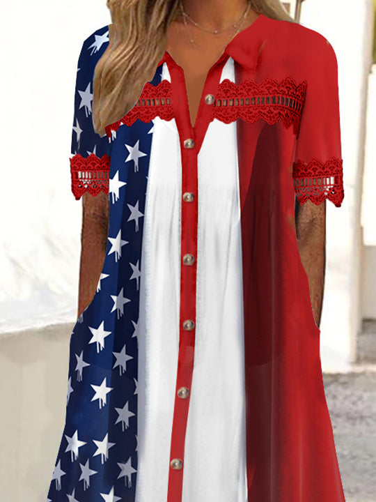 Women's Short Sleeve V-neck Stitching Lace Graphic Hollow Midi Dress