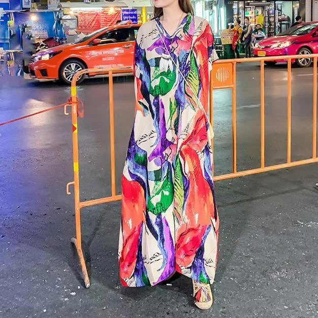DIY v neck baggy dress floral long Dresses