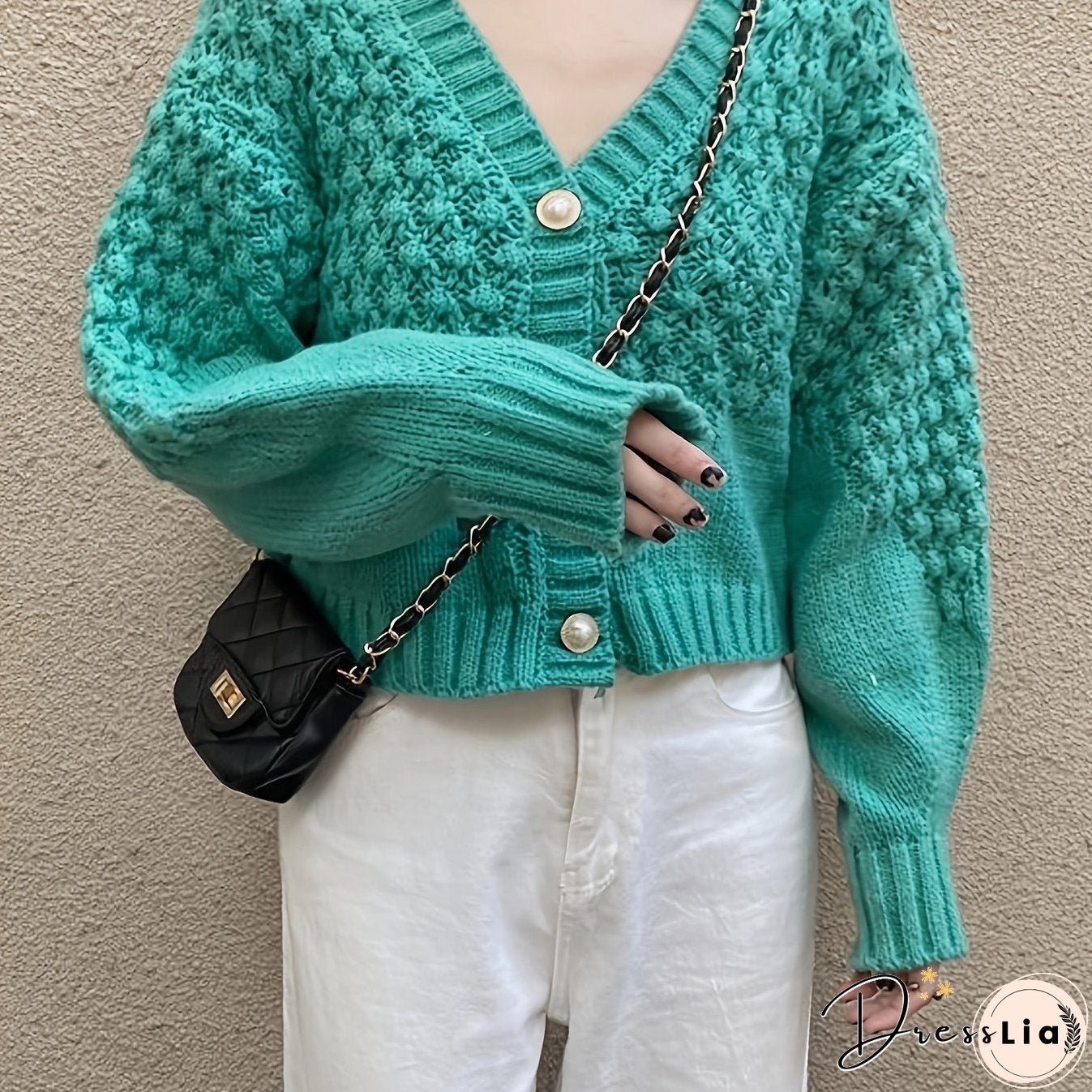 Button Front Knit Cardigan, Casual Solid V Neck Long Sleeve Sweater, Women's Clothing