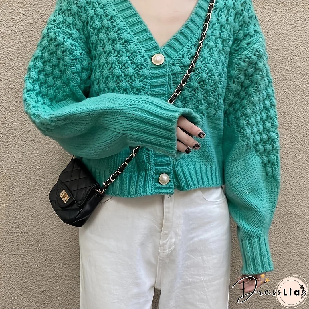 Button Front Knit Cardigan, Casual Solid V Neck Long Sleeve Sweater, Women's Clothing