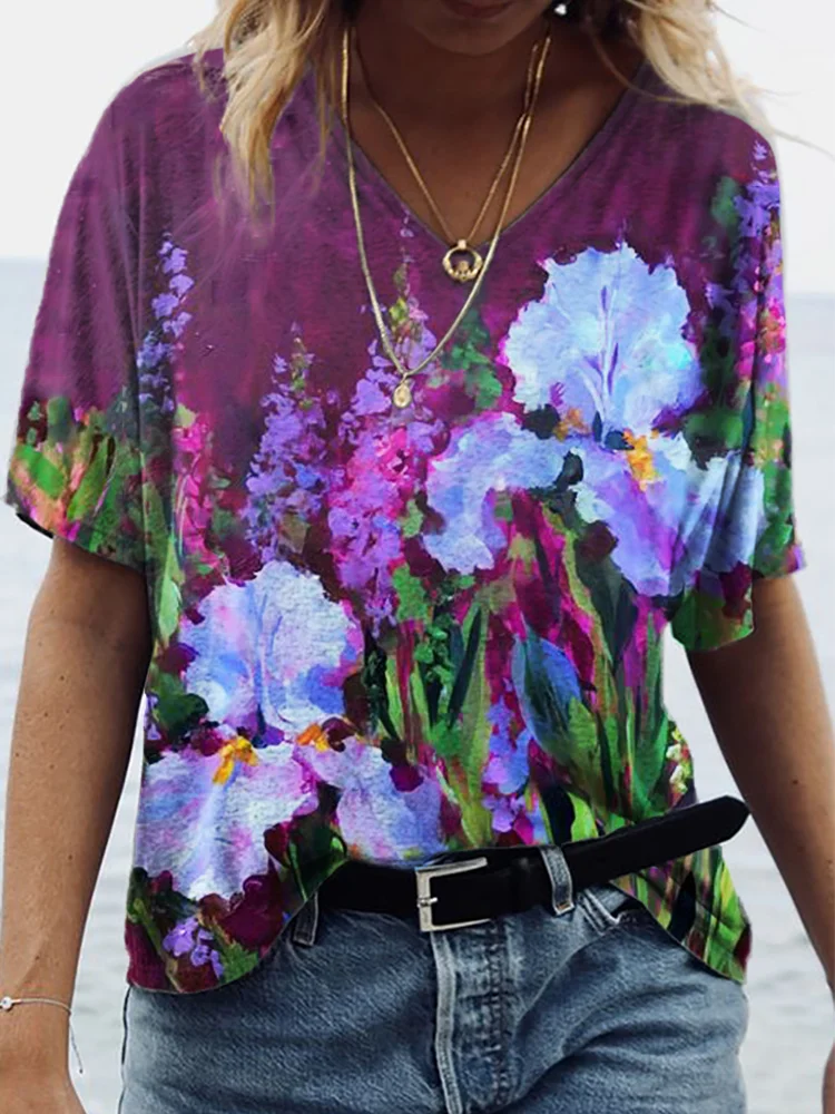 Irises Blooming Oil Painting V Neck T Shirt