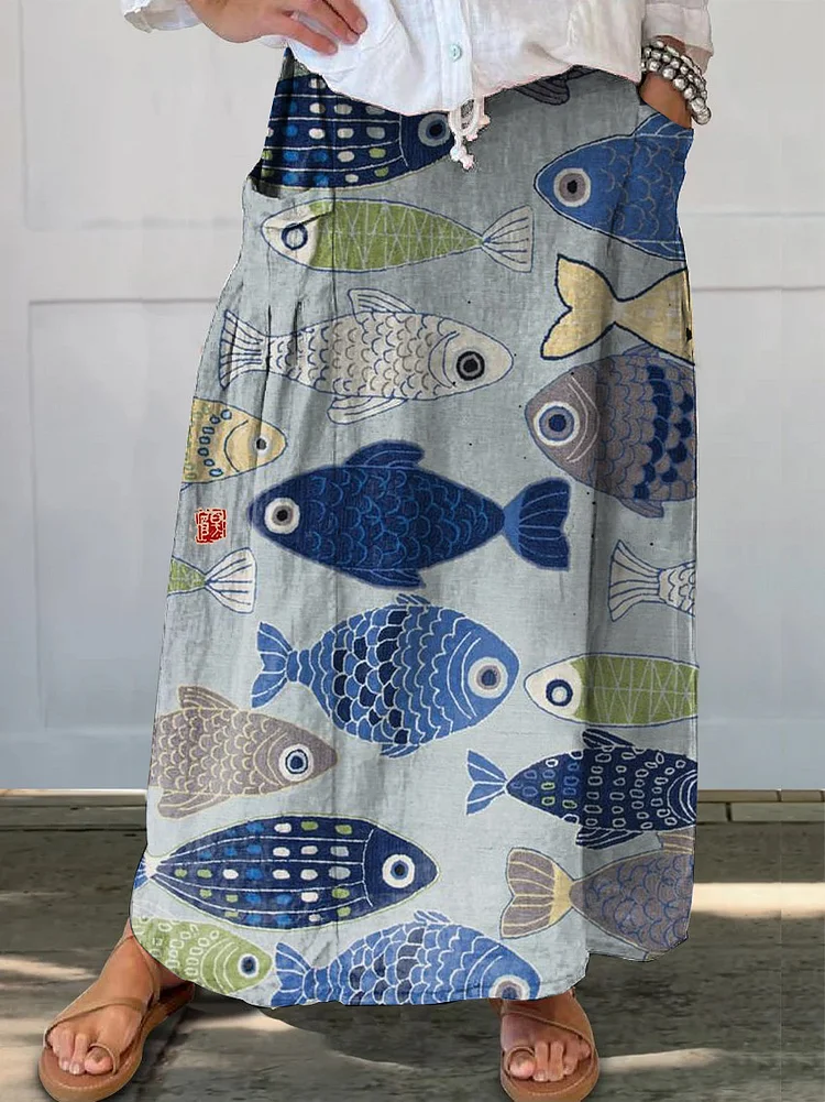 Japanese Retro Fish Print Pocket Skirt