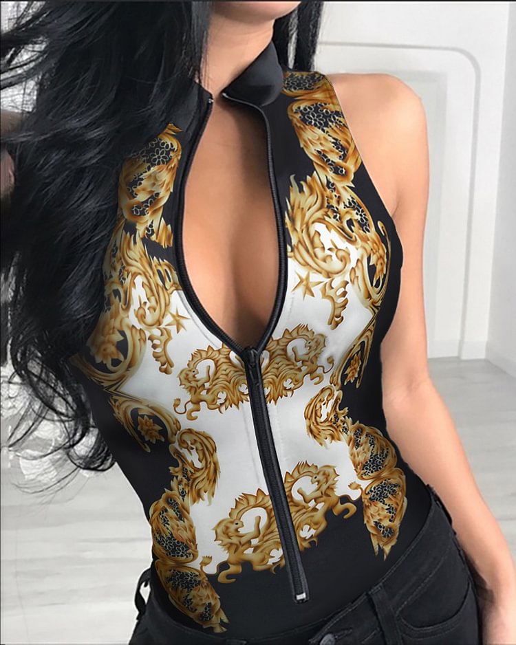 New Summer Women Zipper Front Solid Sleeveless Rompers Bodysuit Plunge Sleeveless Sexy Slim Solid Playsuit - Shop Trendy Women's Clothing | LoverChic