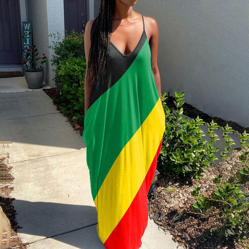 Comstylish Sling Juneteenth Diagonal Stripes Print Maxi Dress