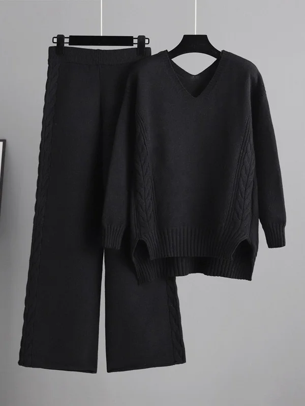 Urban Loose Solid Color V-Neck Sweater Tops & Wide Leg Pants Suits