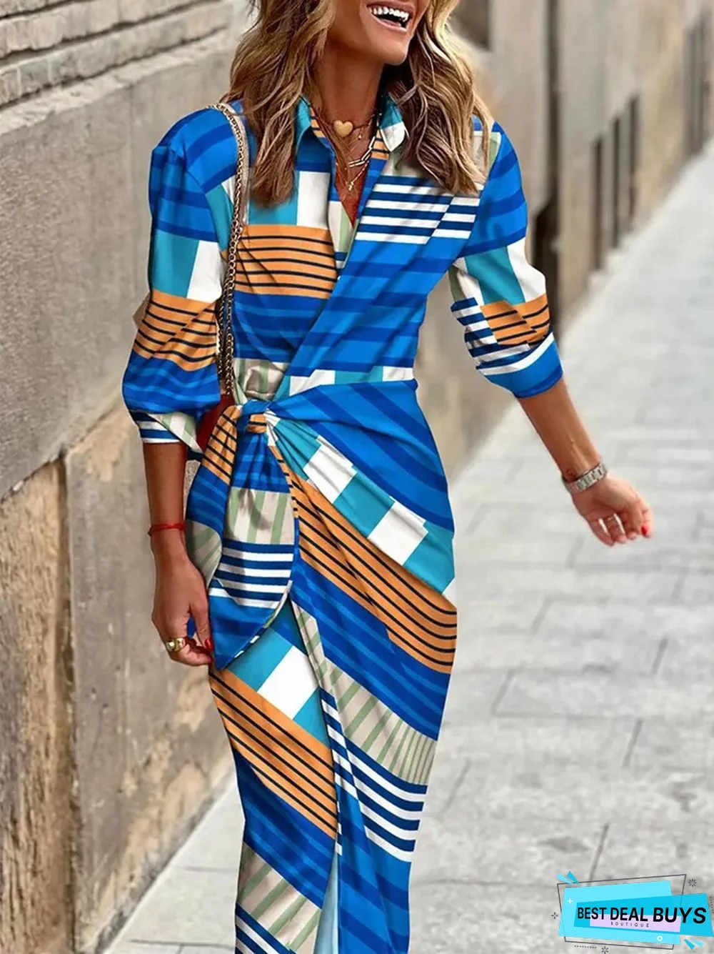 Fashion Printed Shirt Collar Lace Up Medium Length Striped Dress