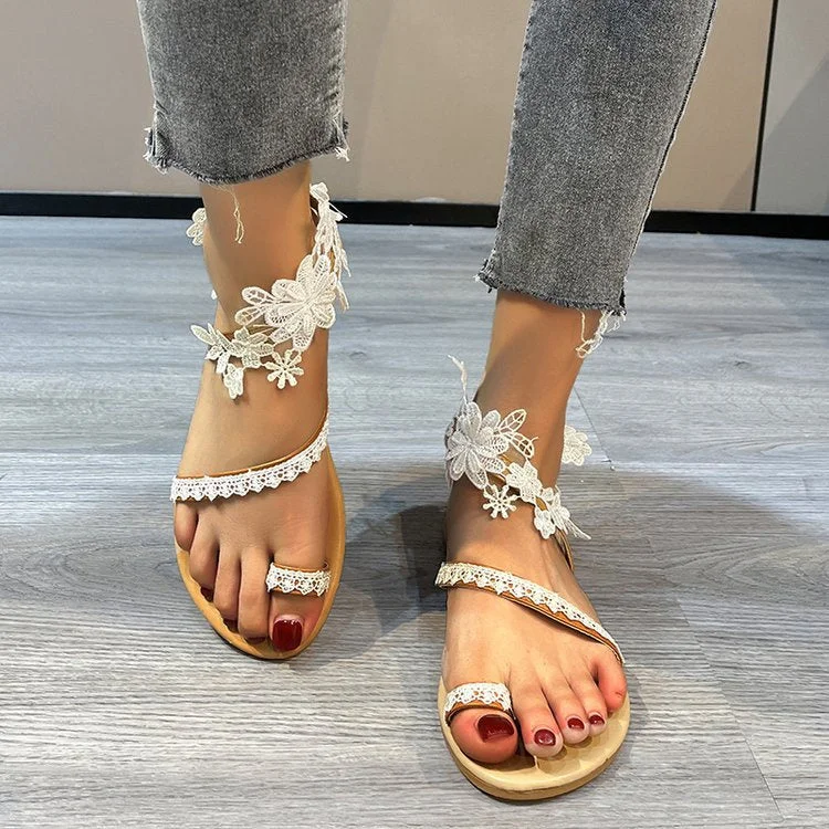 Womens Flowers Flat Lace Beach Sandals Toe Ring Shoes