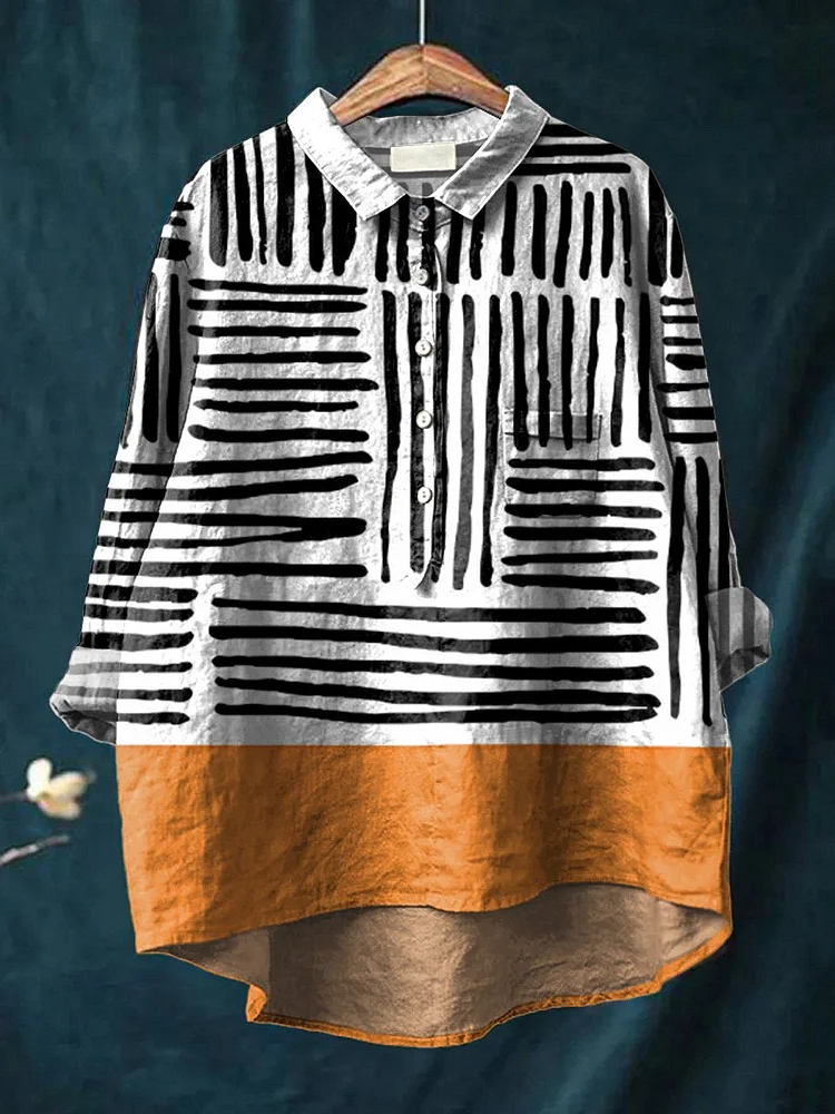 Women's Abstract Shapes Art Print Casual Cotton And Linen Shirt